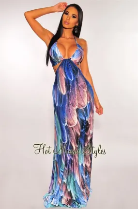 Amethyst Feather Print Cut Out Halter Maxi Dress