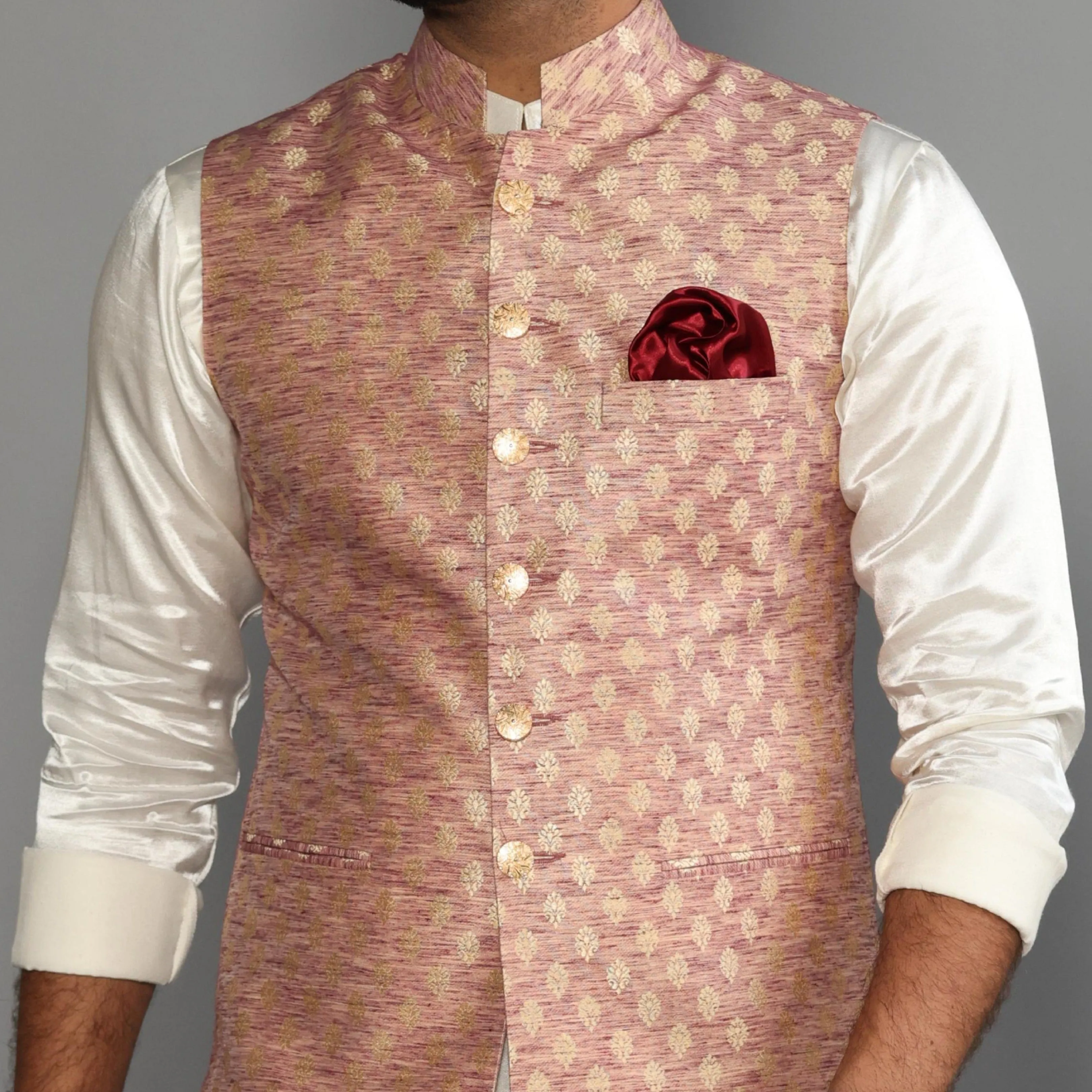 Banarasi Brocade Embroidered Nehru Jacket With Off White Silk Kurta Payjama-Handcrafted