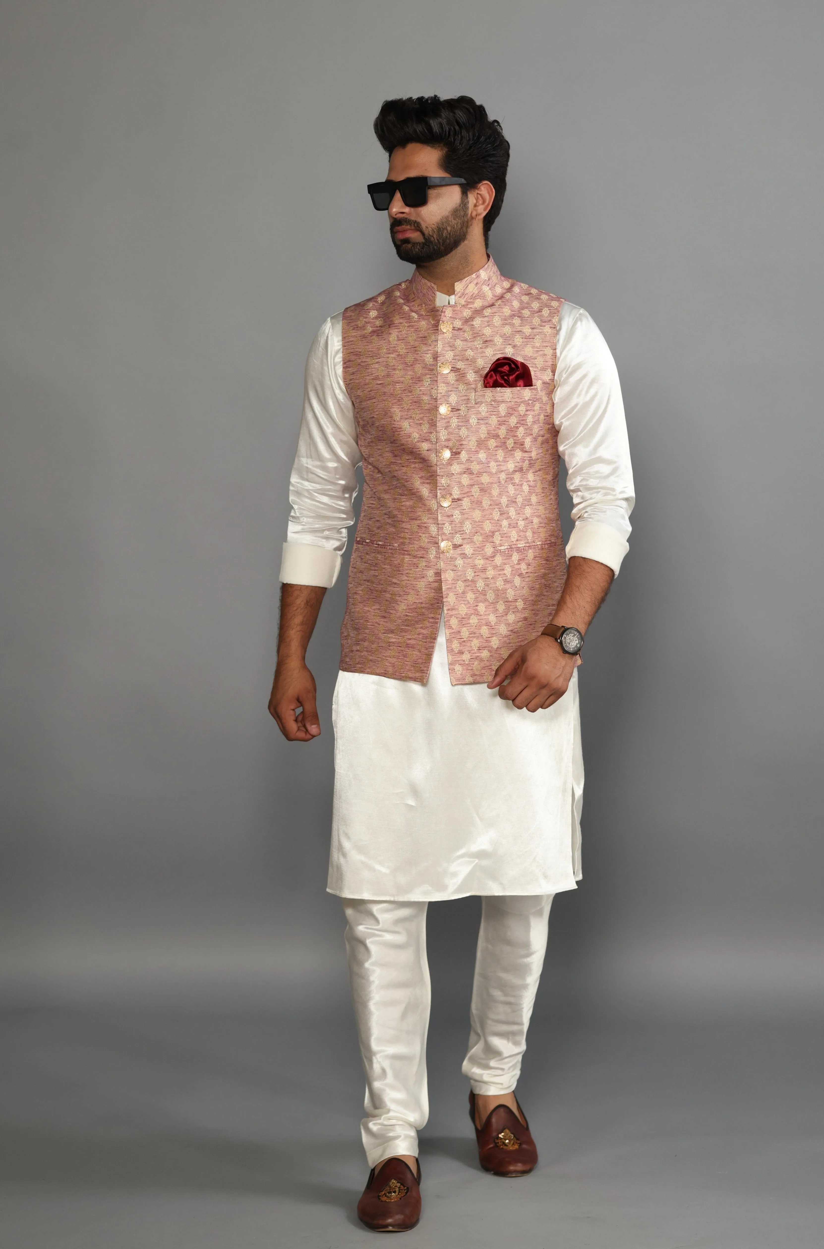 Banarasi Brocade Embroidered Nehru Jacket With Off White Silk Kurta Payjama-Handcrafted