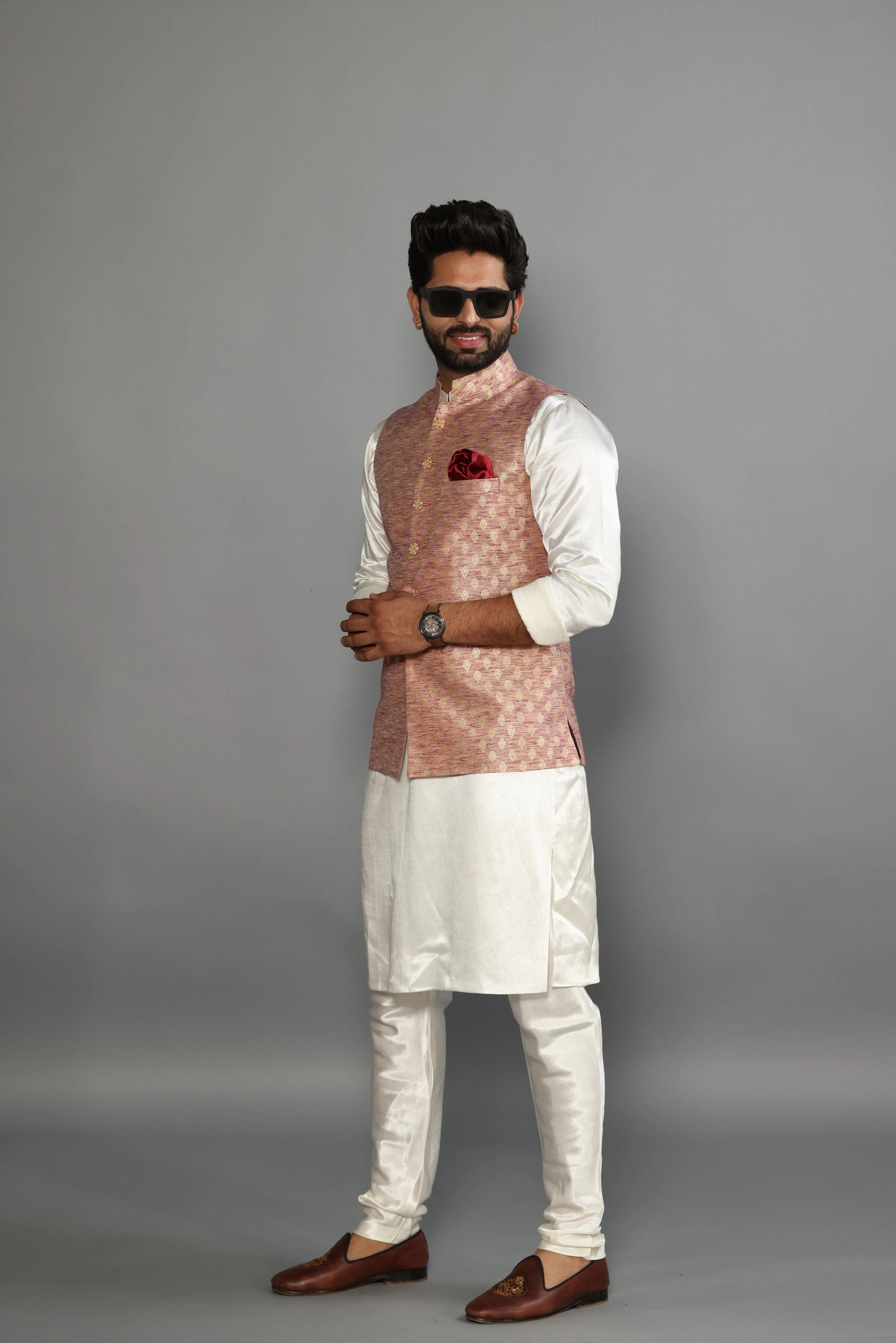 Banarasi Brocade Embroidered Nehru Jacket With Off White Silk Kurta Payjama-Handcrafted