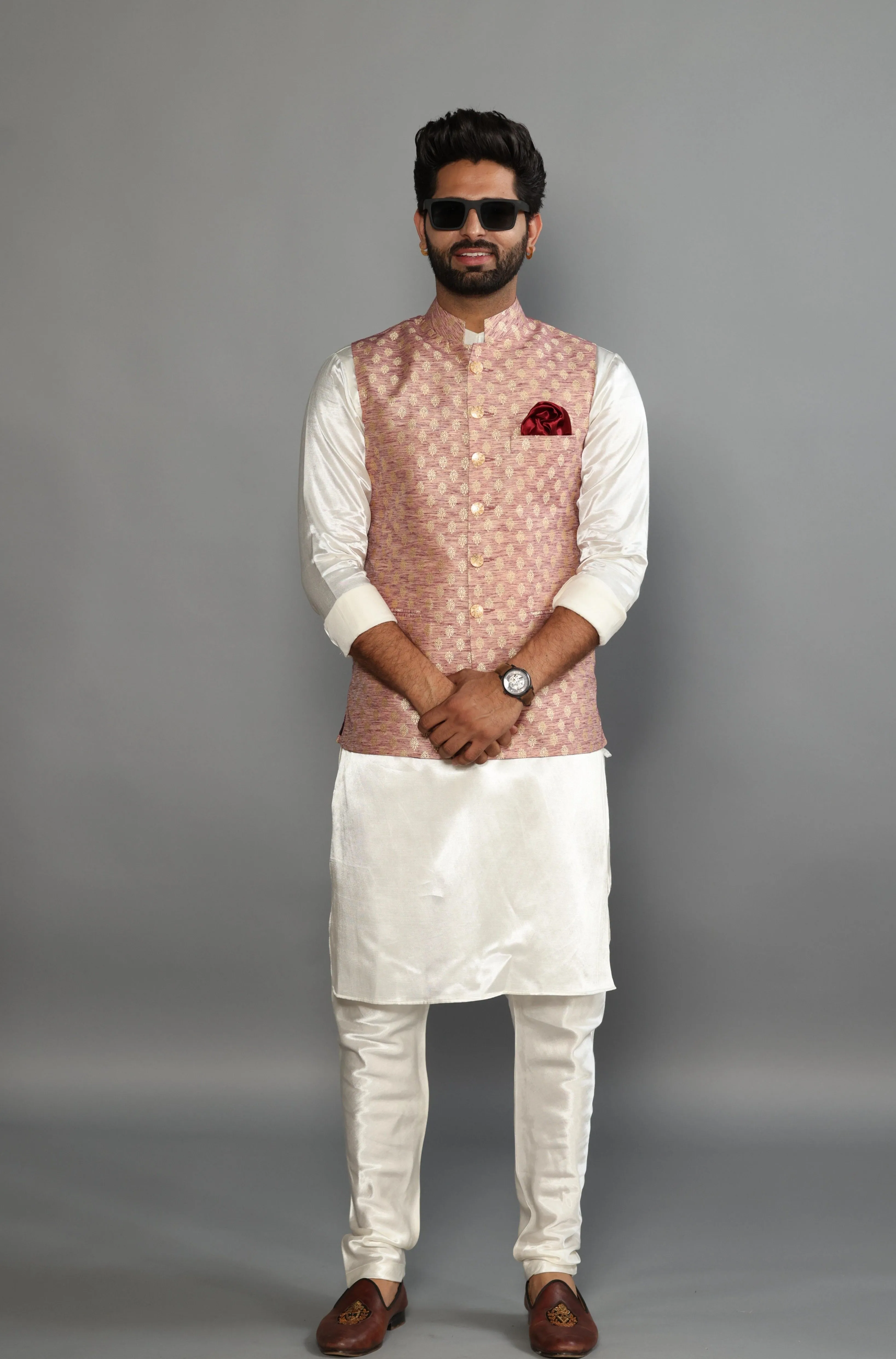 Banarasi Brocade Embroidered Nehru Jacket With Off White Silk Kurta Payjama-Handcrafted