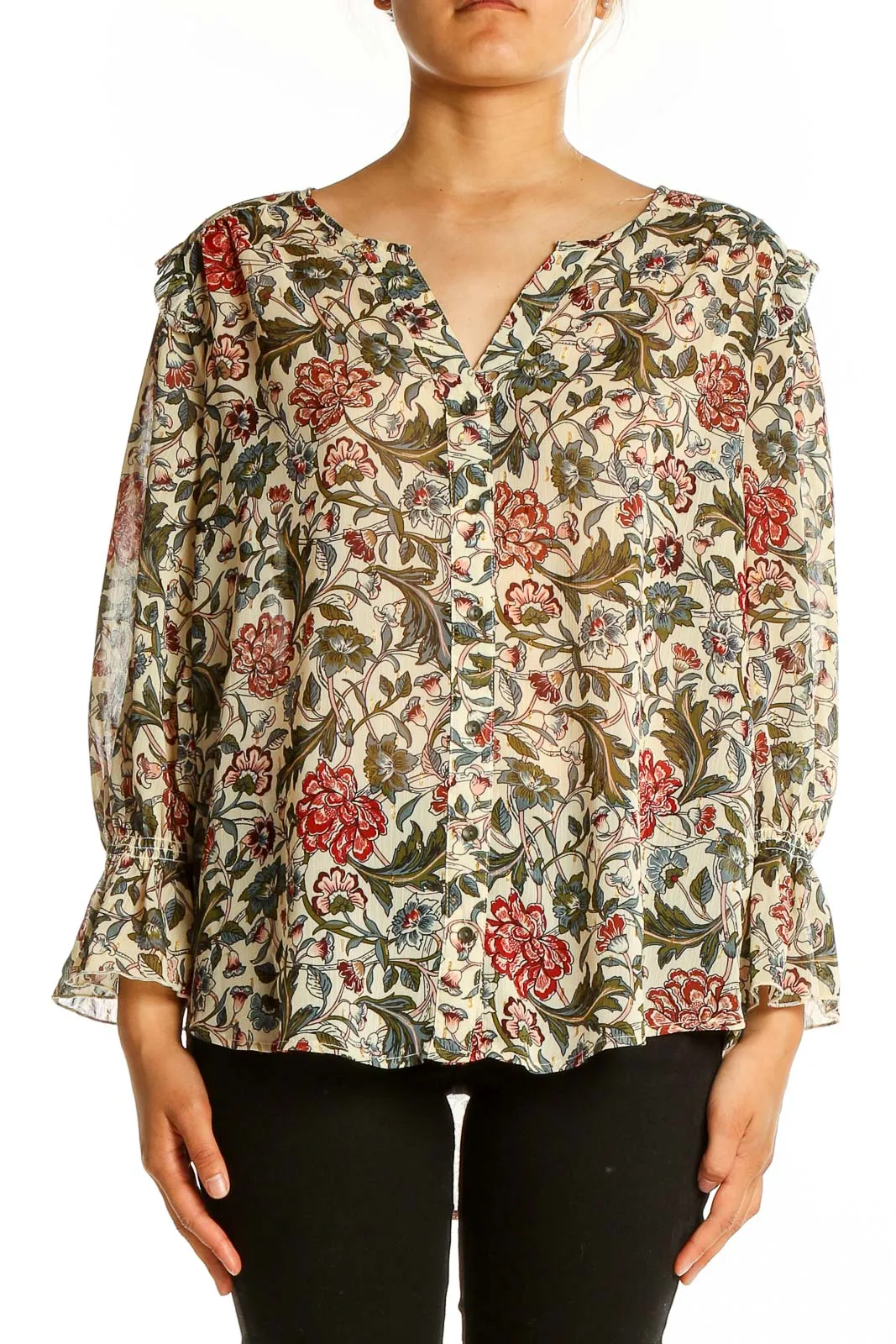 Beige Floral Print Ruffle Blouse