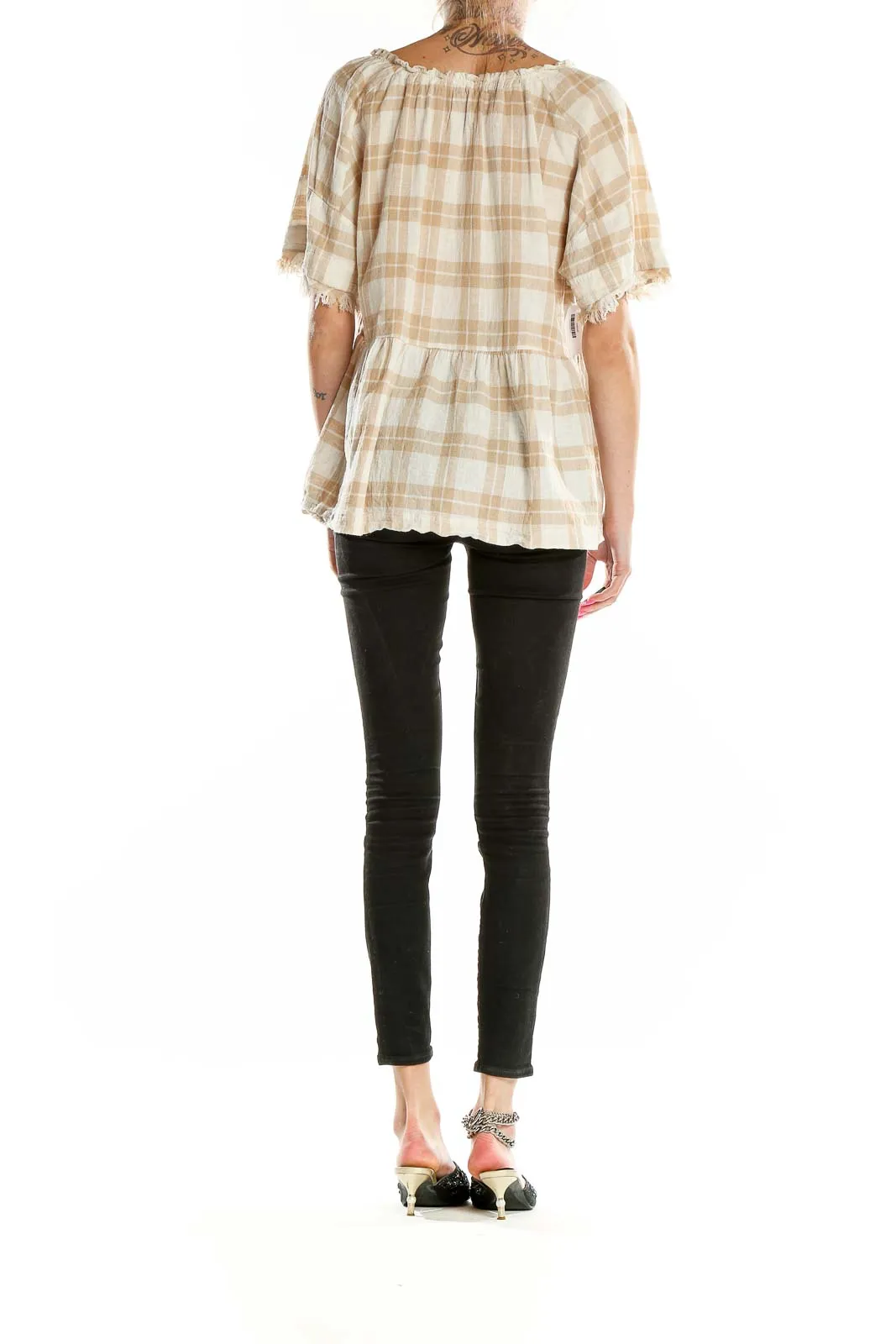 Beige Plaid Peasant Blouse