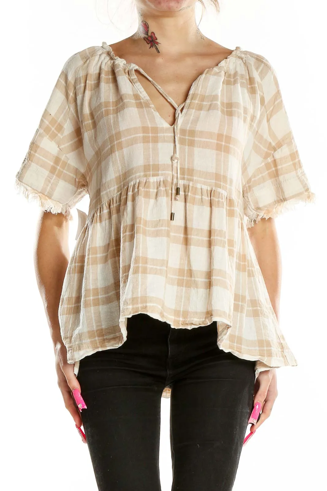 Beige Plaid Peasant Blouse