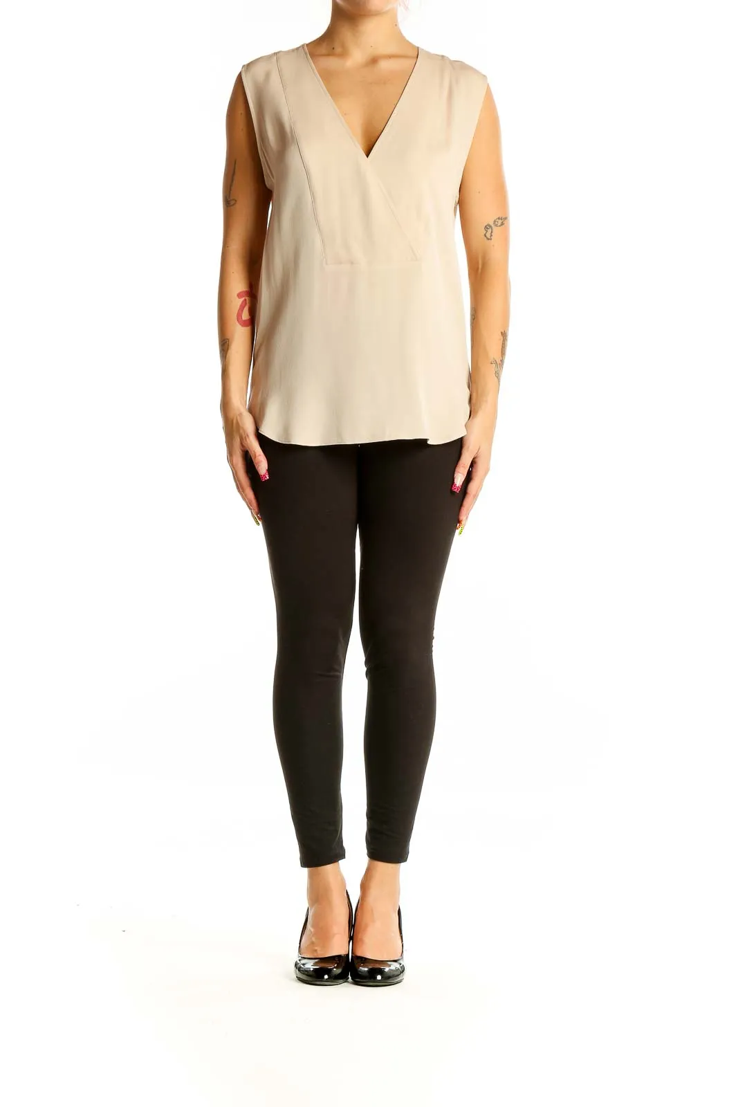 Beige Sleeveless V-Neck Silk Blouse