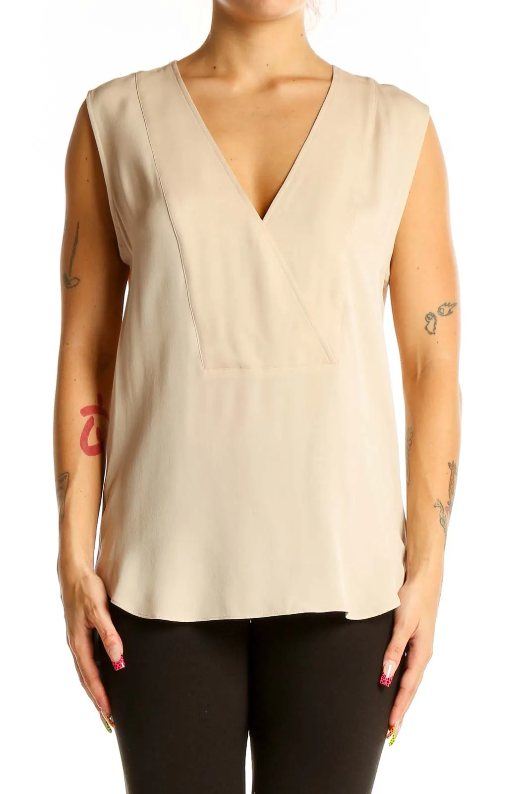 Beige Sleeveless V-Neck Silk Blouse