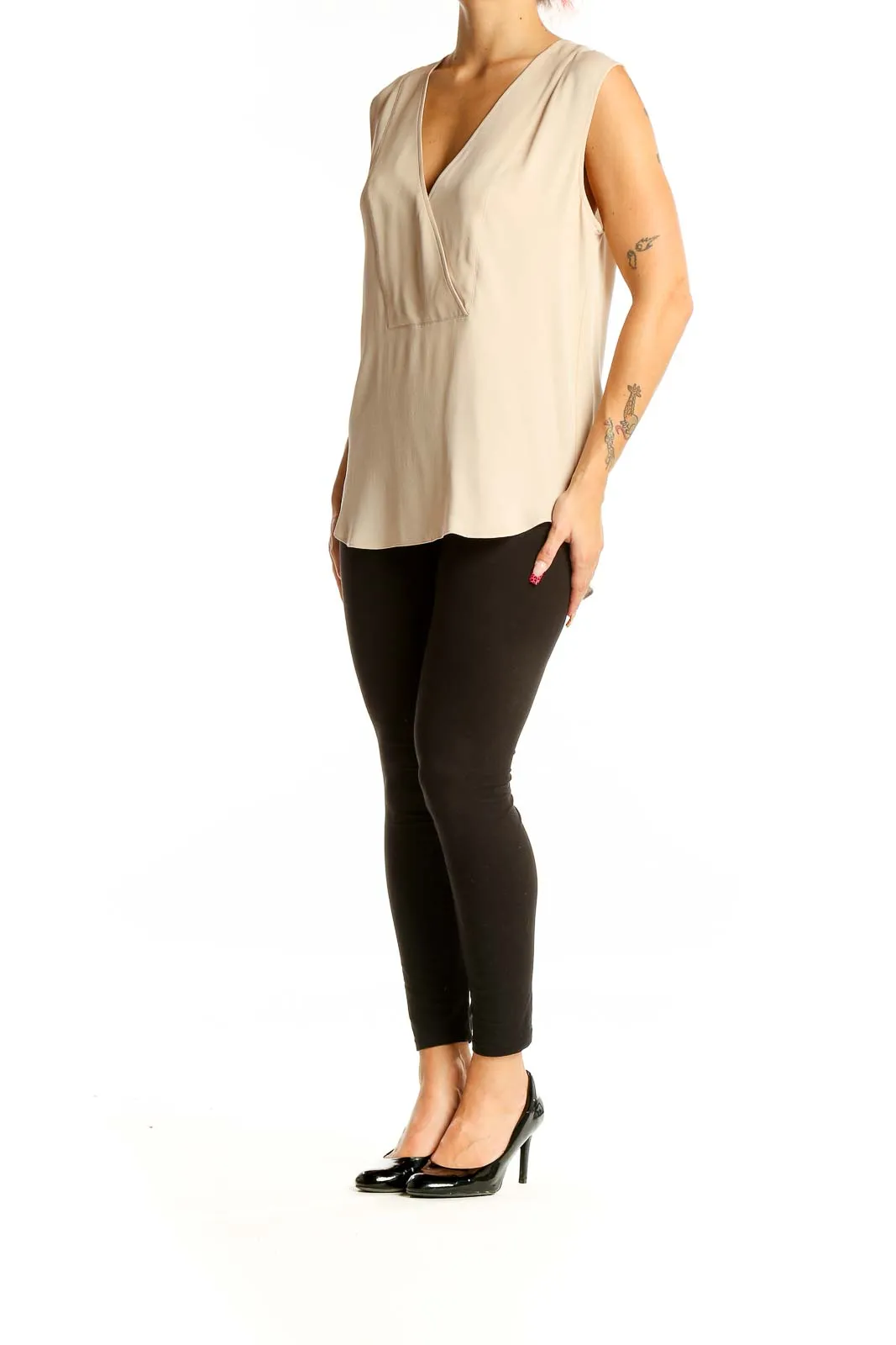 Beige Sleeveless V-Neck Silk Blouse