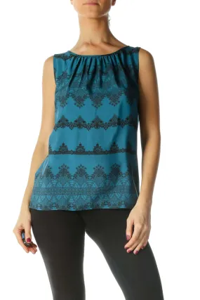 Black and Blue Lace Print Sleeveless Blouse