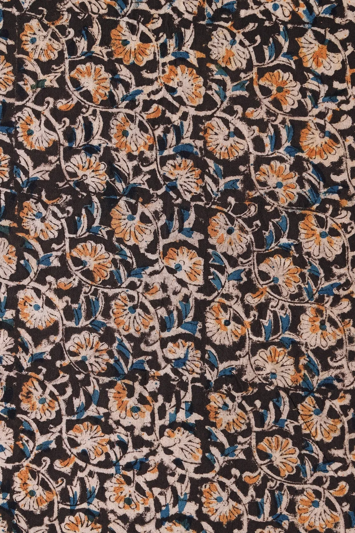 Black And Light Beige Floral Pattern Handblock Kalamkari Organic Cotton Fabric