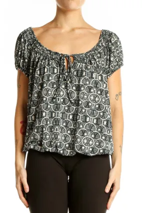 Black and White Geometric Print Peasant Top