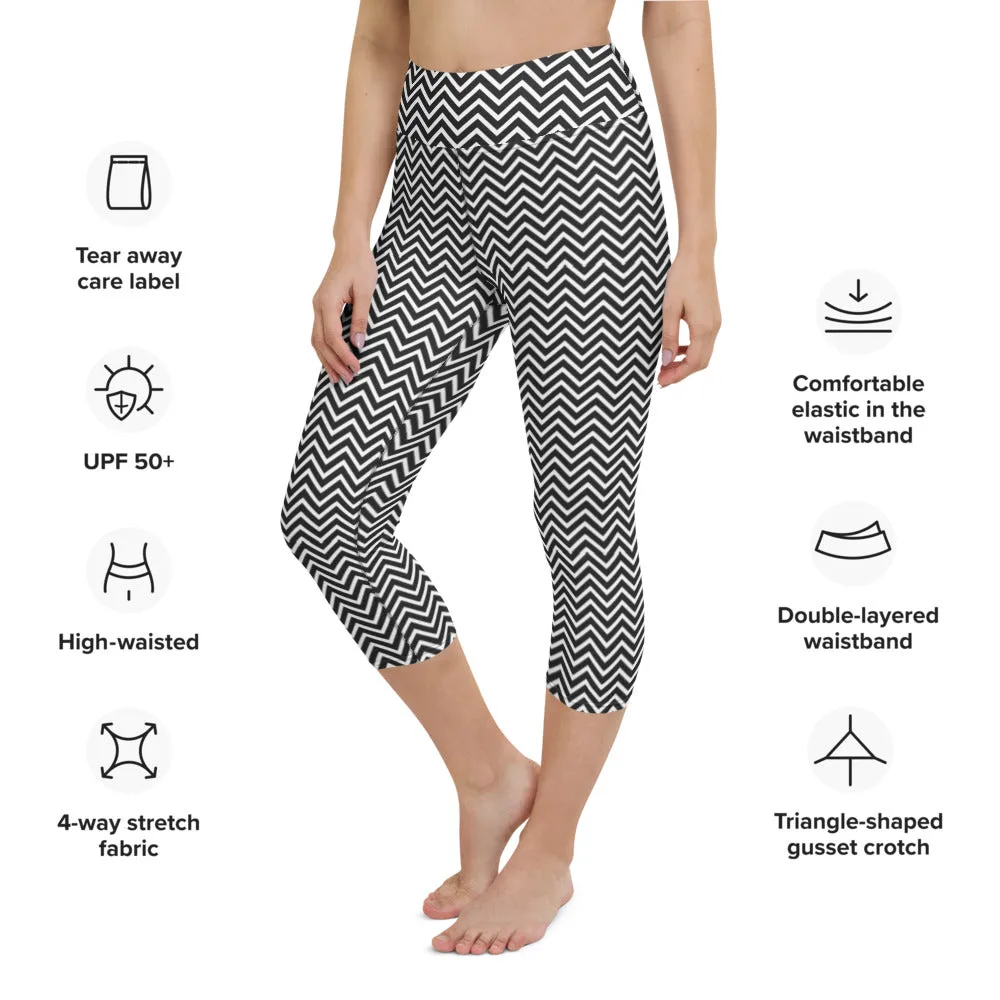 Black Chevron Yoga Capri Leggings, Patterned Women's Capris Tights-Made in USA/EU/MX