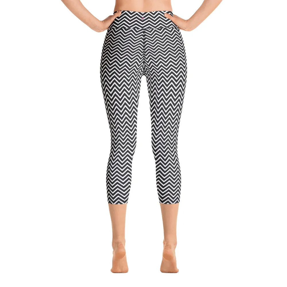 Black Chevron Yoga Capri Leggings, Patterned Women's Capris Tights-Made in USA/EU/MX