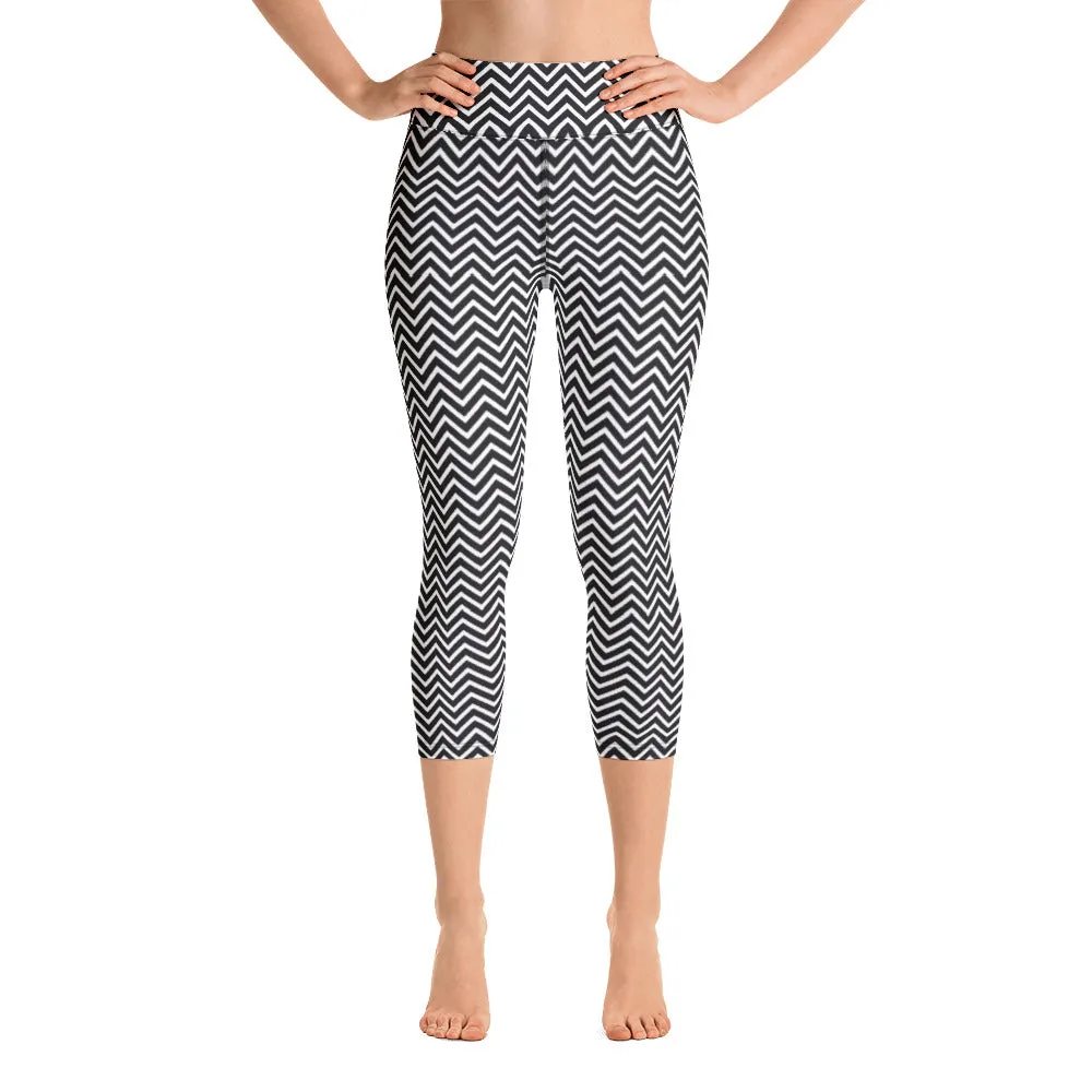 Black Chevron Yoga Capri Leggings, Patterned Women's Capris Tights-Made in USA/EU/MX