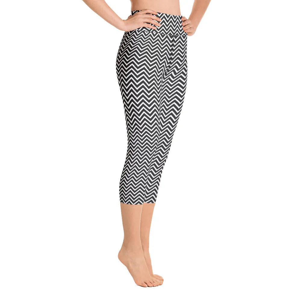 Black Chevron Yoga Capri Leggings, Patterned Women's Capris Tights-Made in USA/EU/MX