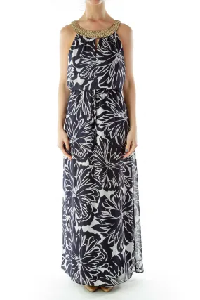 Black Gray Beaded Print Maxi Dress