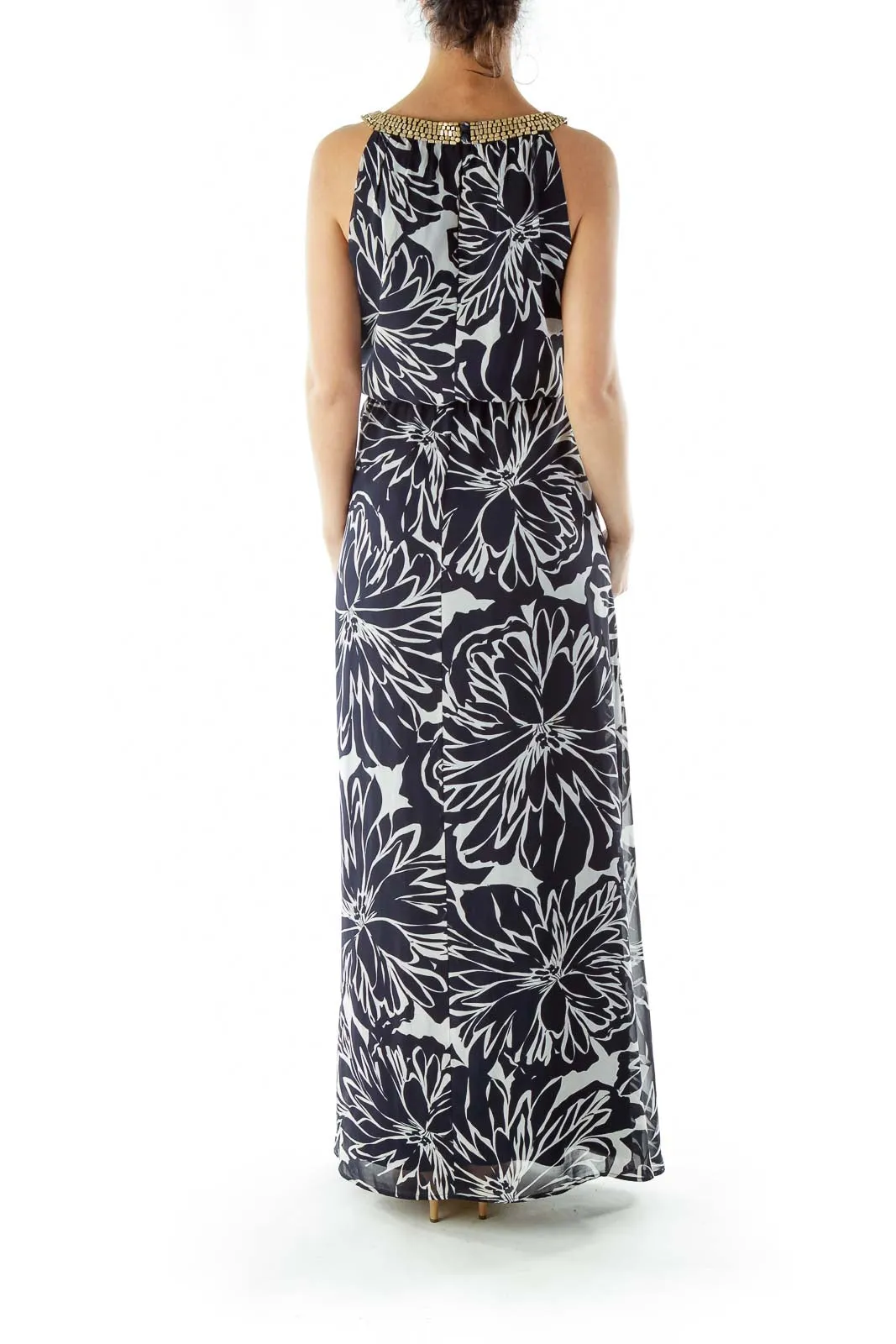 Black Gray Beaded Print Maxi Dress