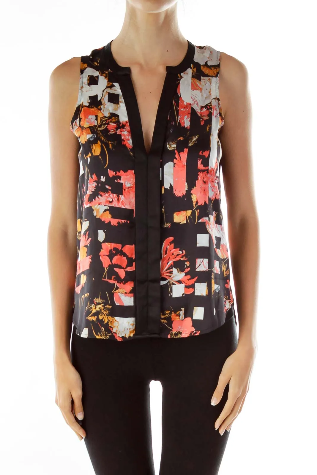 Black Orange Flower Sleeveless Blouse