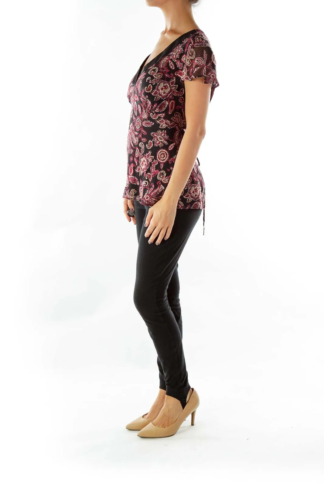 Black Petite Pink Velvet Pattern V-neck Blouse