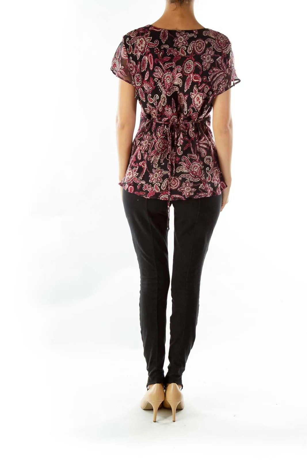 Black Petite Pink Velvet Pattern V-neck Blouse