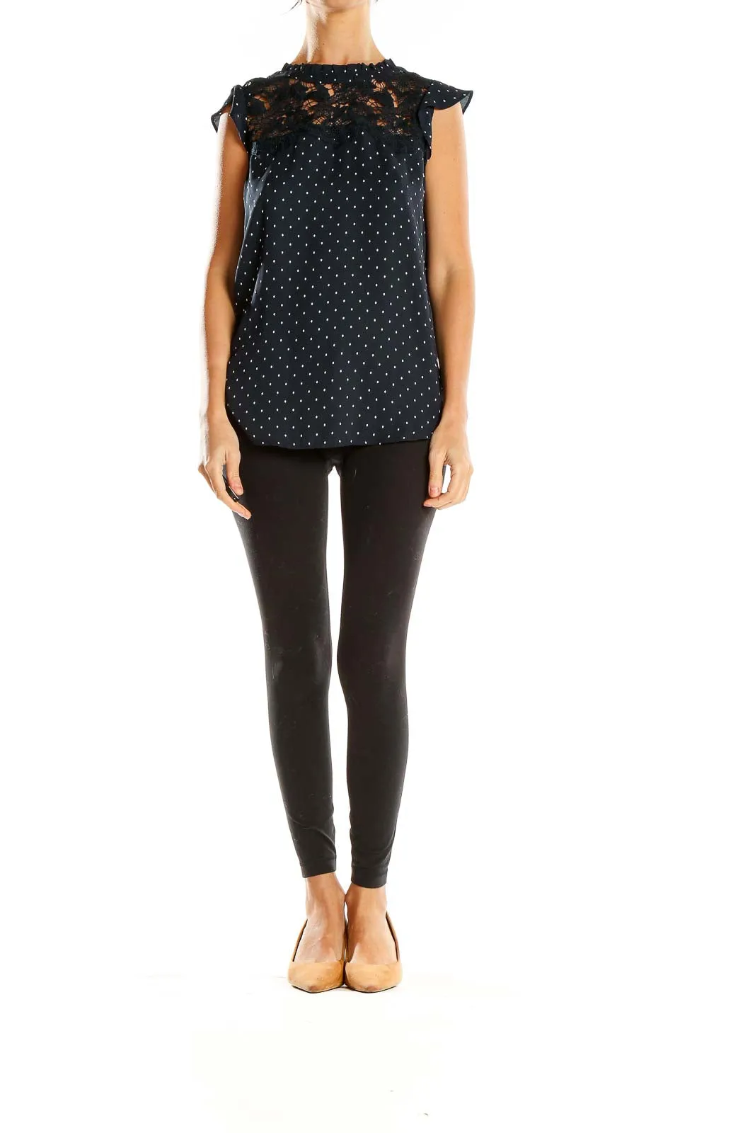 Black Polka Dot Lace-Trim Blouse