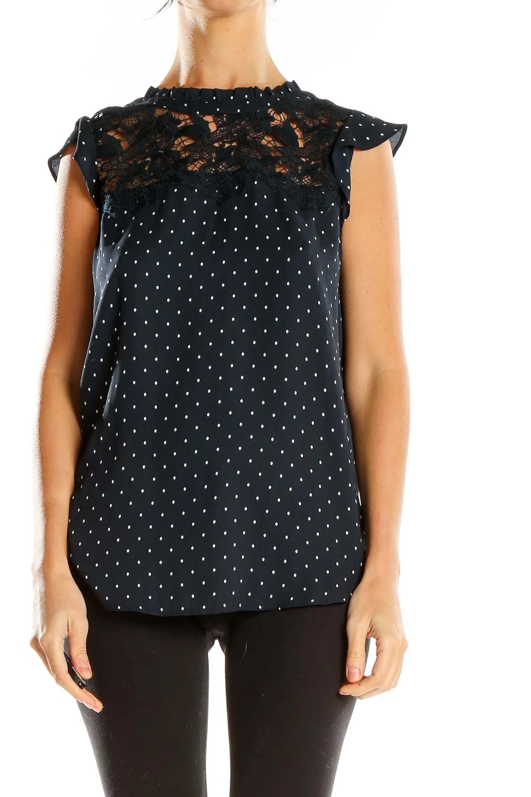 Black Polka Dot Lace-Trim Blouse