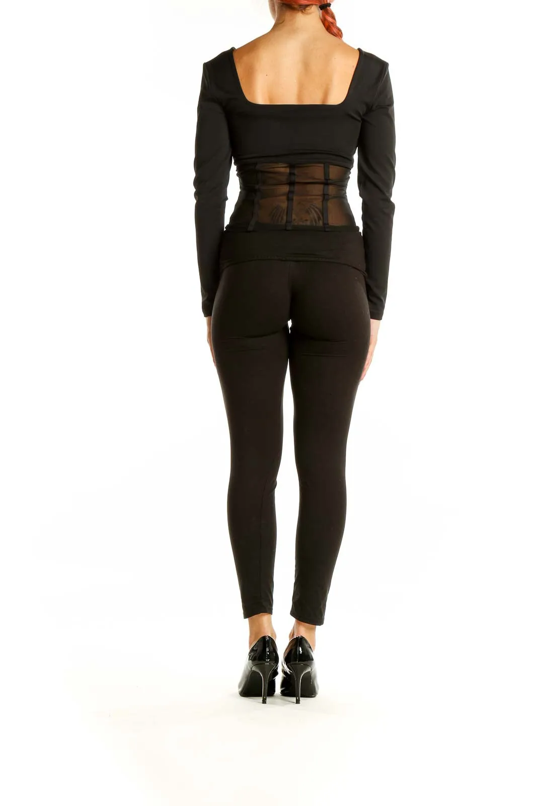 Black Sheer Mesh Panel Long Sleeve Top