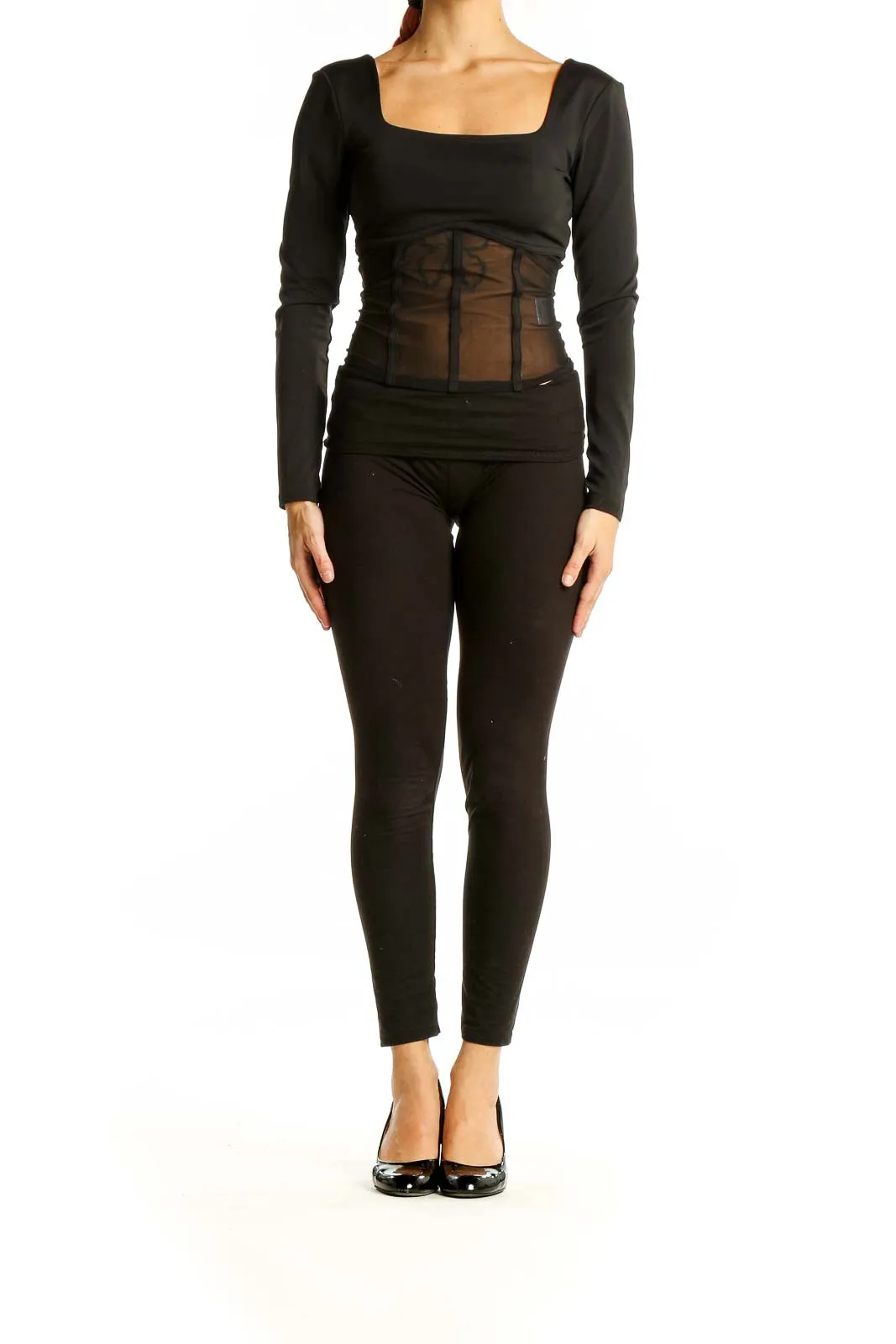 Black Sheer Mesh Panel Long Sleeve Top