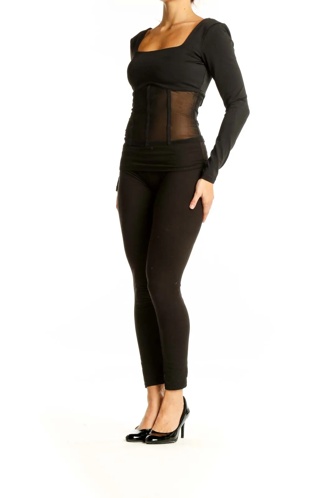 Black Sheer Mesh Panel Long Sleeve Top