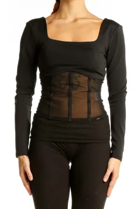 Black Sheer Mesh Panel Long Sleeve Top