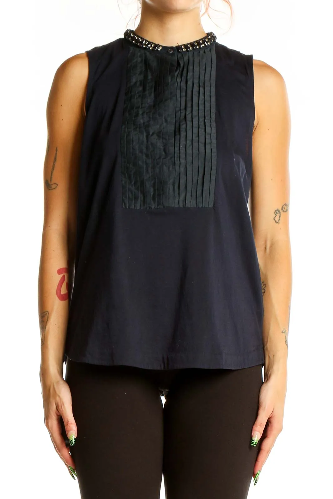 Black Sleeveless Embellished Collar Top