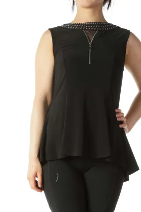 Black Studded and Zipper Detail Neckline A-Line Top