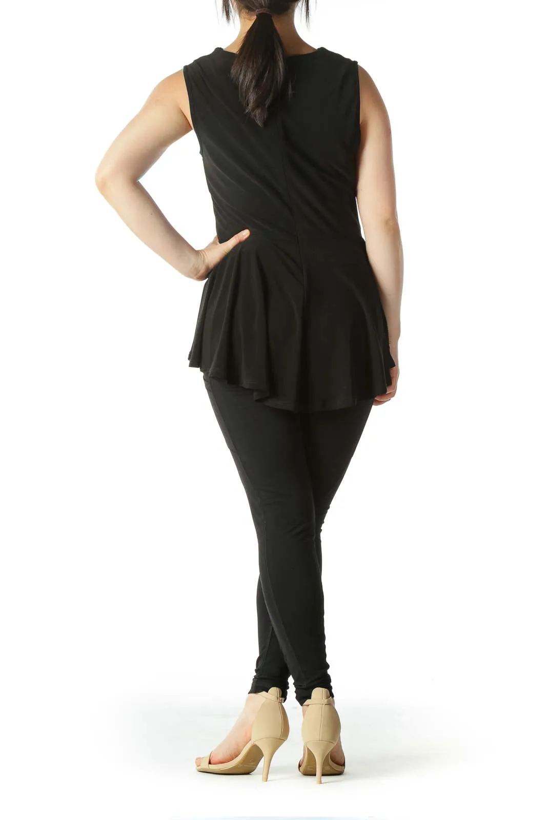 Black Studded and Zipper Detail Neckline A-Line Top