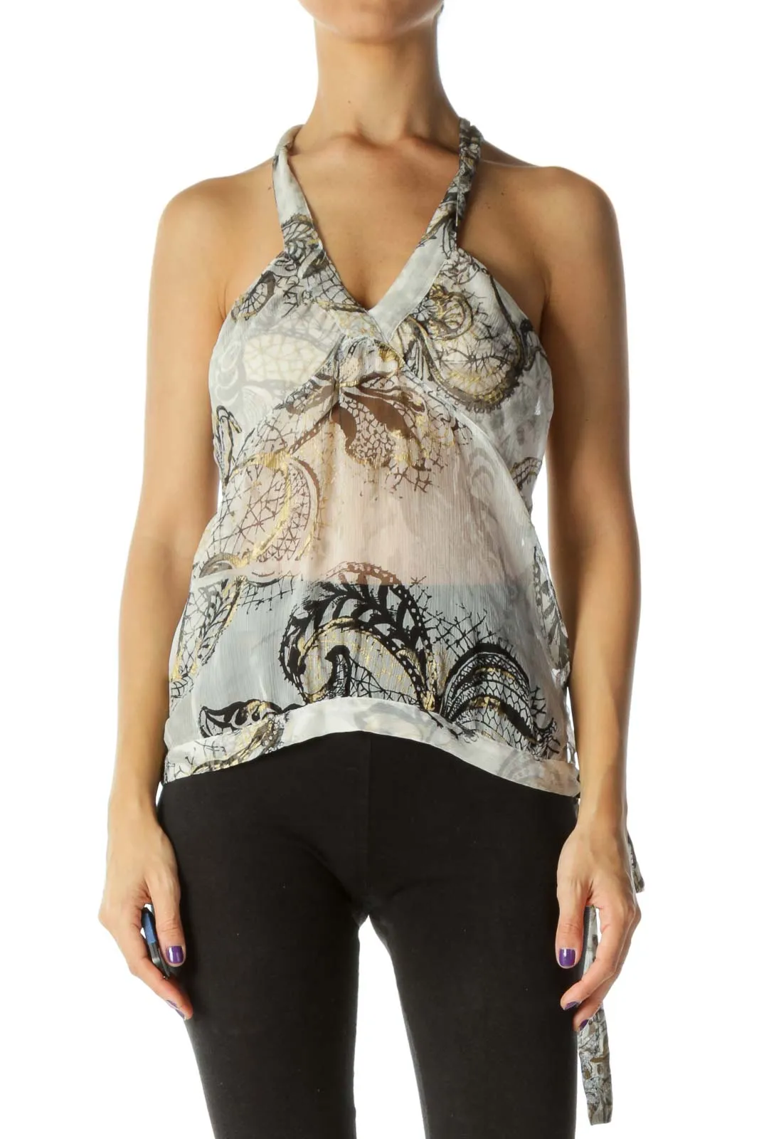 Black White Gold Translucent V-Neck Halter Neck Knot Detail Top