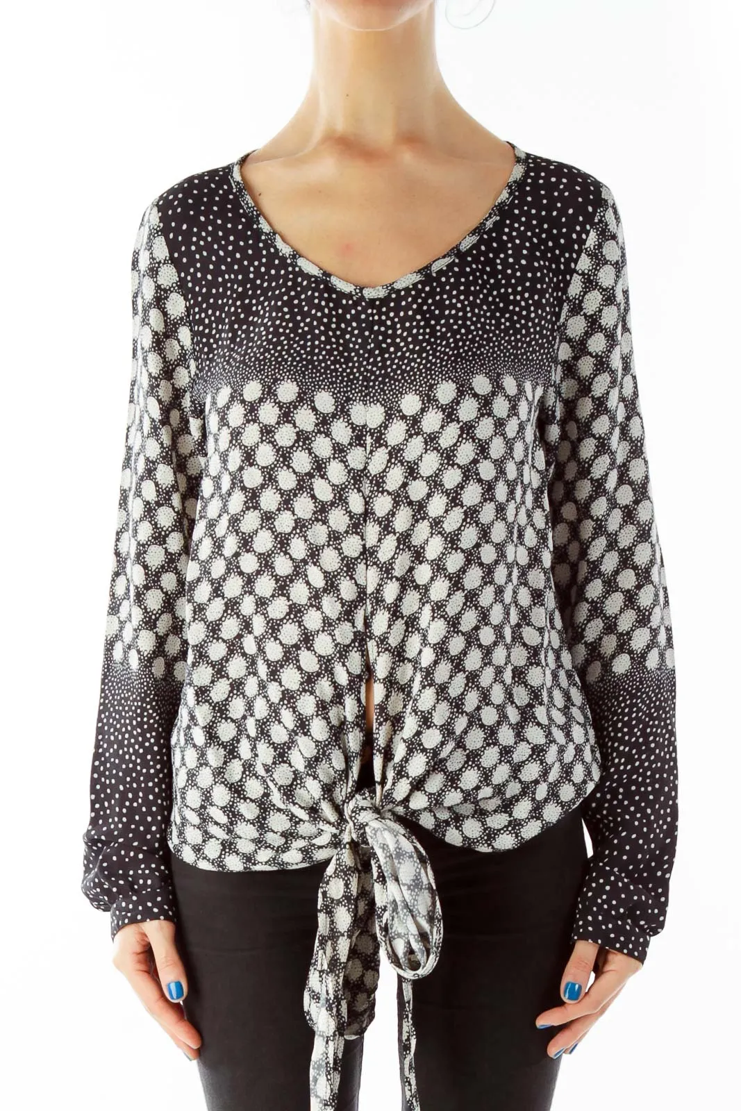 Black White Polka Dot Knotted Blouse