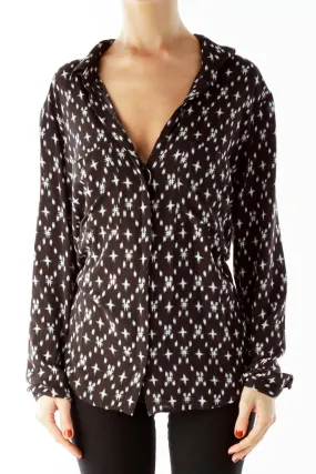 Black White Print Button-down Blouse