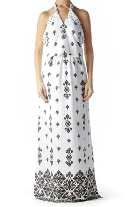 Black White Print Halter Neck Maxi Dress