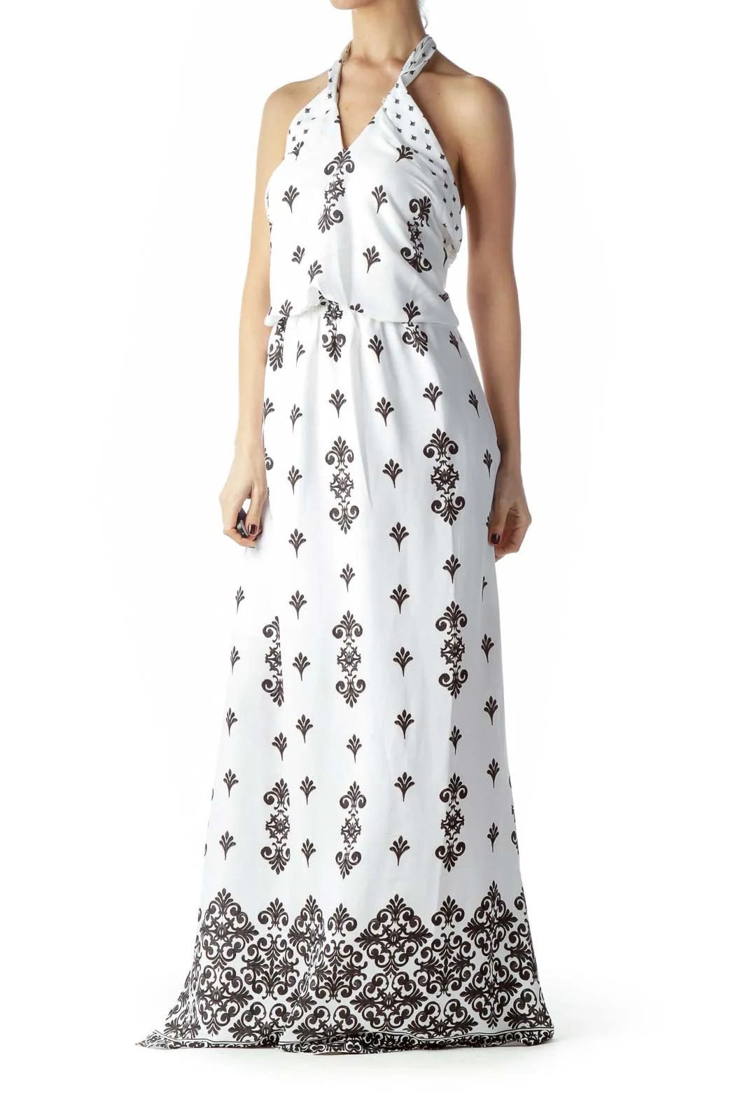 Black White Print Halter Neck Maxi Dress