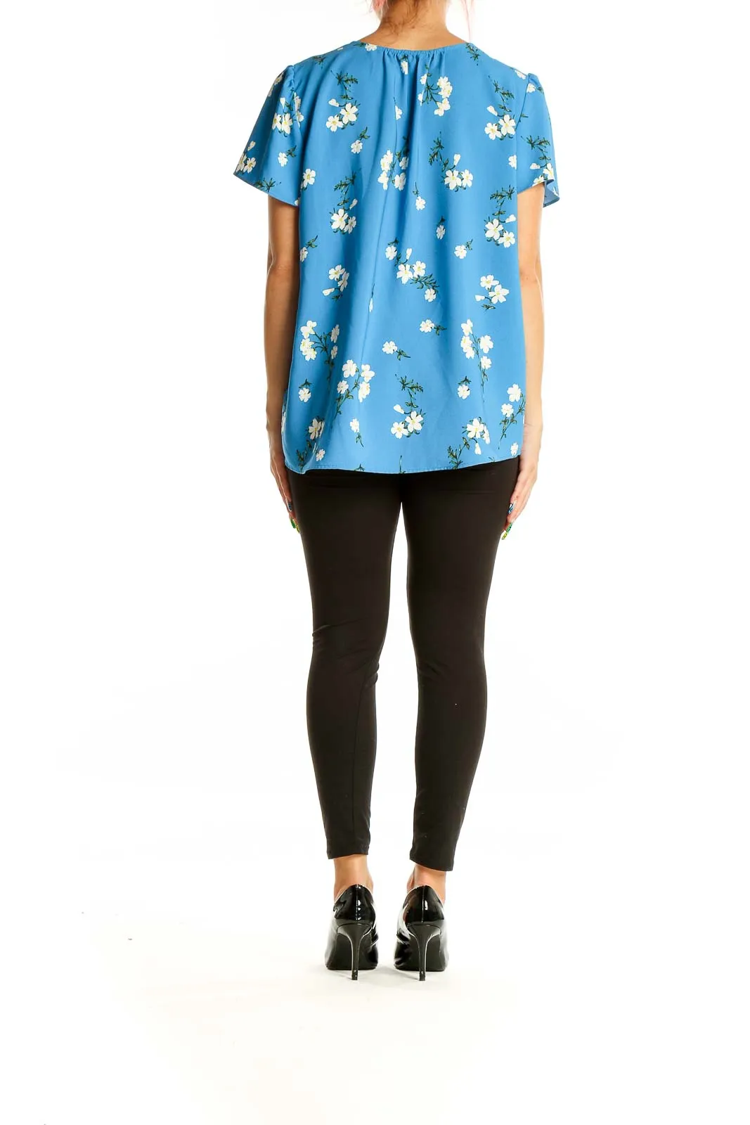 Blue Floral Short-Sleeve V-Neck Blouse