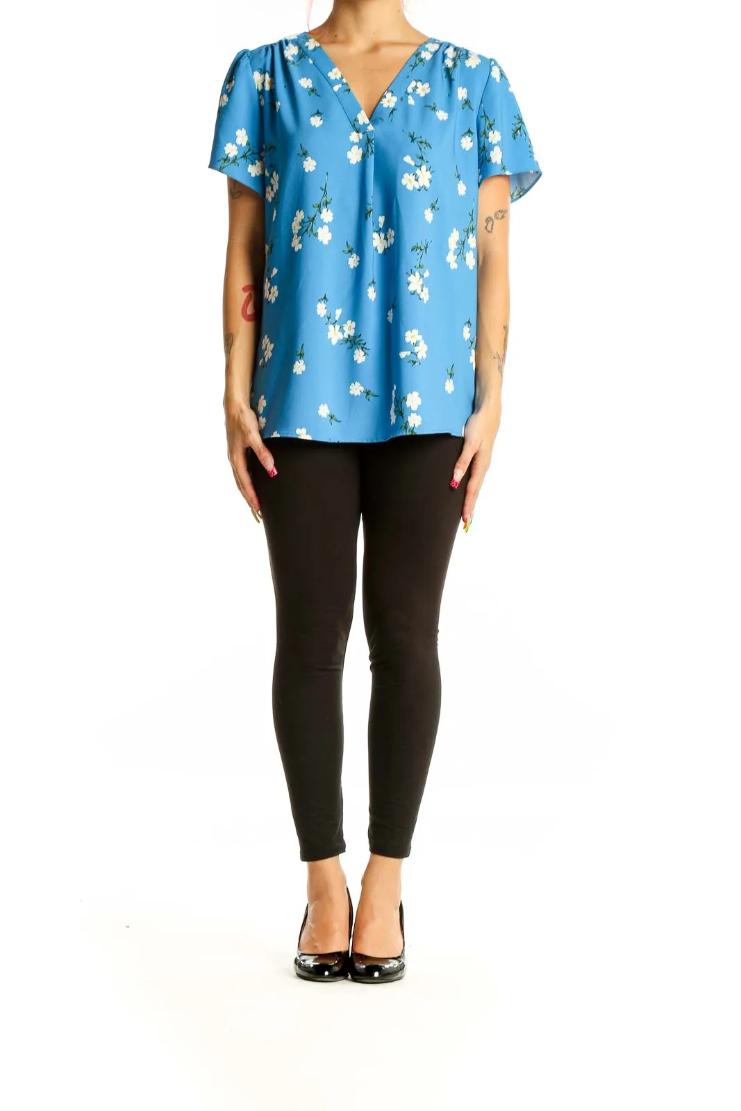 Blue Floral Short-Sleeve V-Neck Blouse