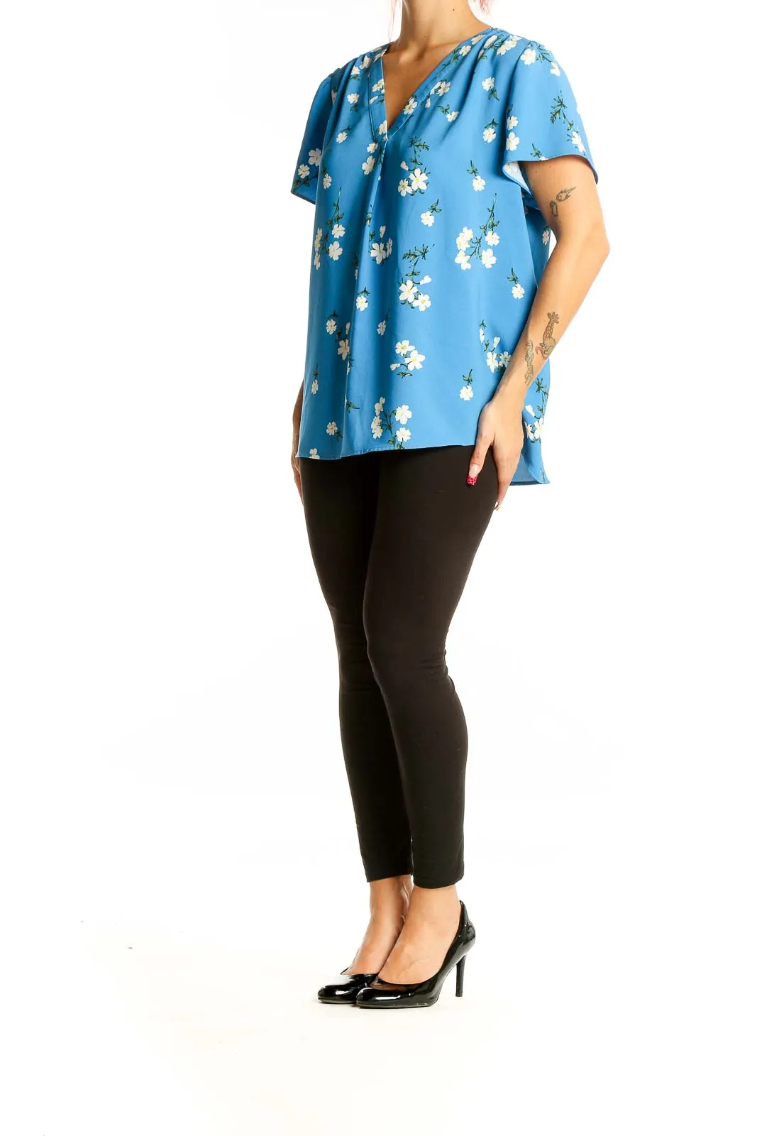 Blue Floral Short-Sleeve V-Neck Blouse