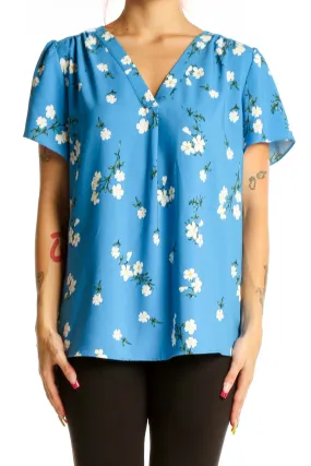 Blue Floral Short-Sleeve V-Neck Blouse