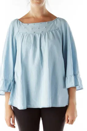 Blue Pearl Beaded Off-Shoulder Blouse