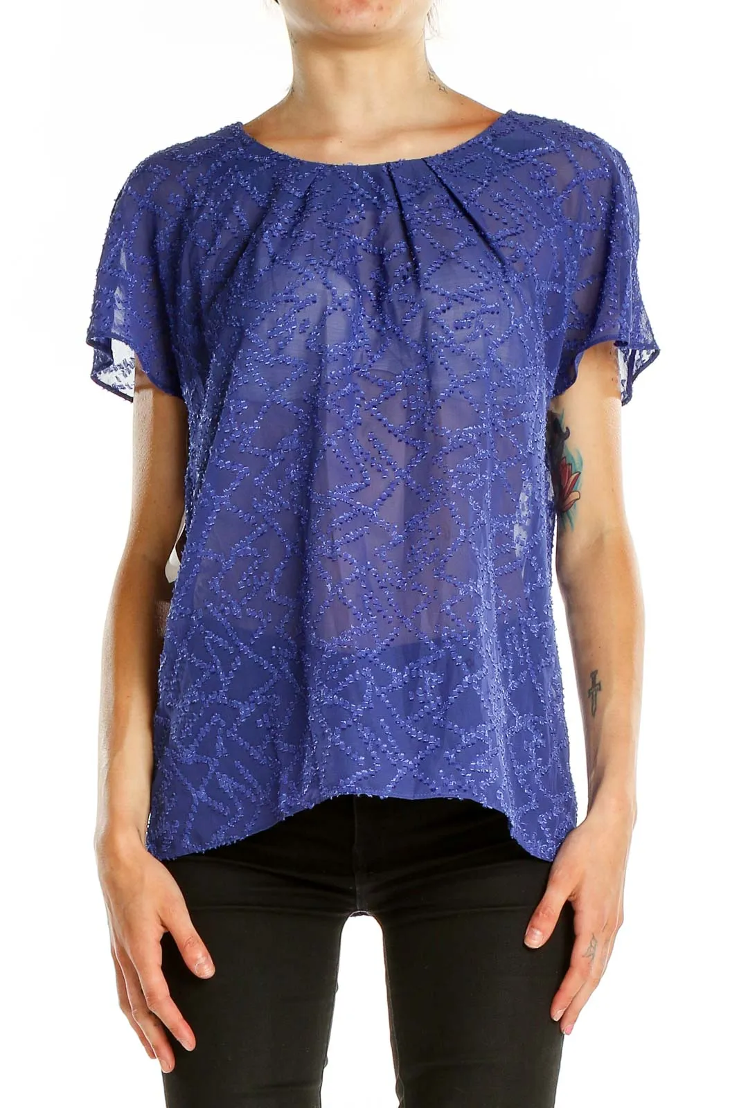 Blue Sheer Lace Short Sleeve Blouse