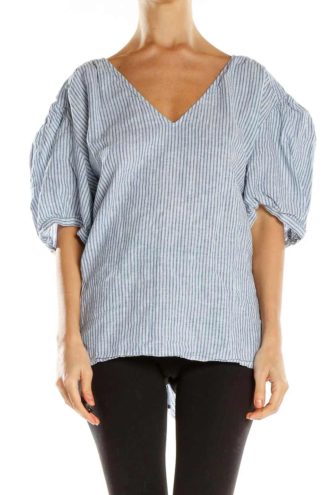 Blue Striped Puff Sleeve Blouse