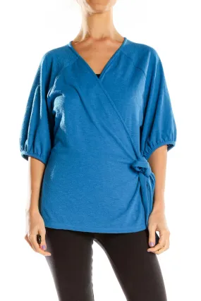 Blue Wrap-Style Balloon Sleeve Top