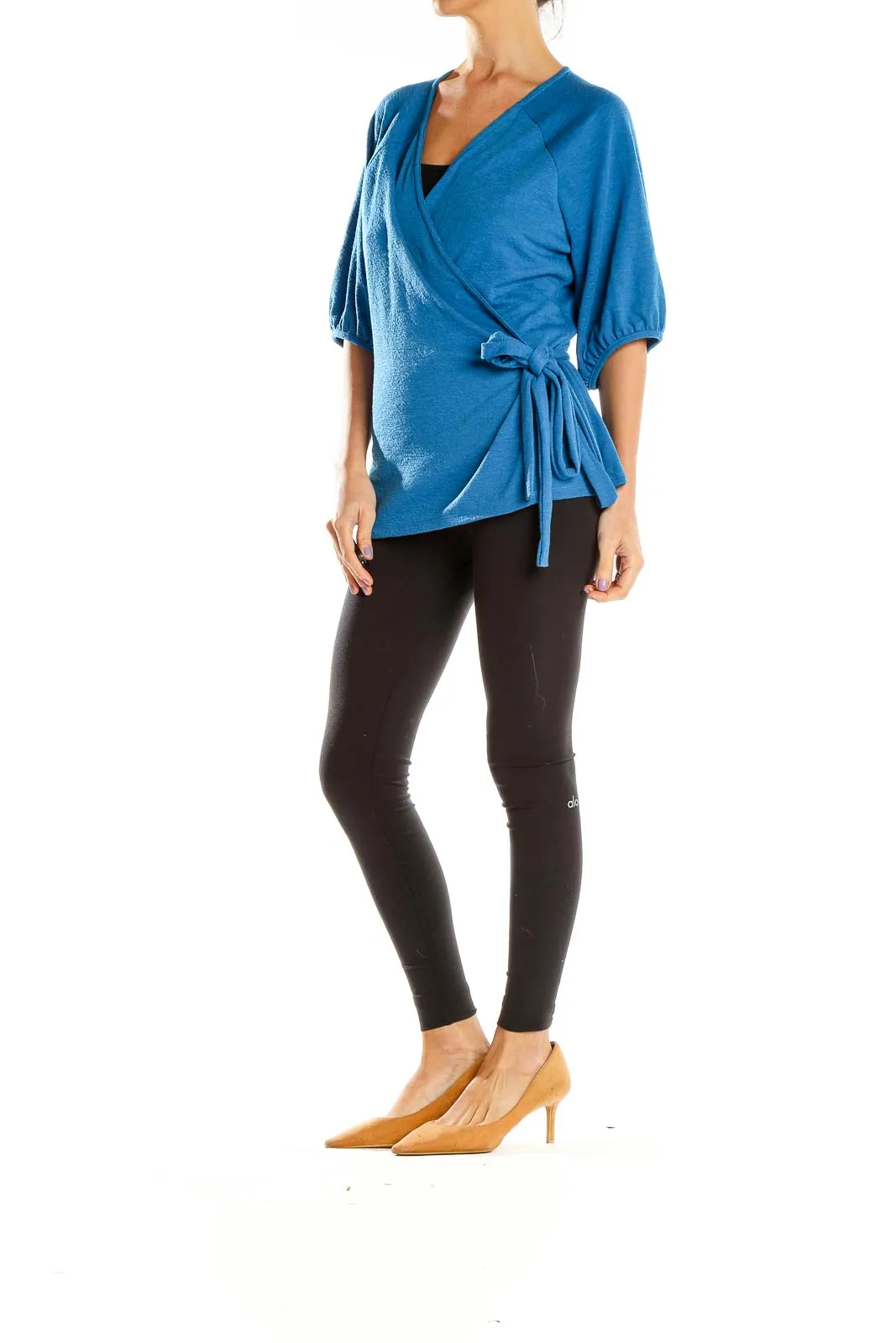 Blue Wrap-Style Balloon Sleeve Top