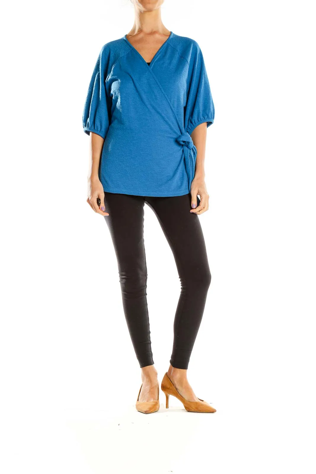 Blue Wrap-Style Balloon Sleeve Top