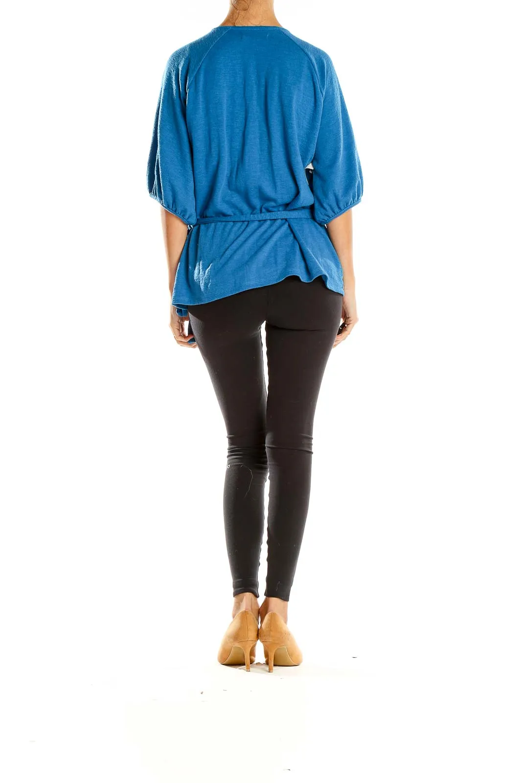 Blue Wrap-Style Balloon Sleeve Top