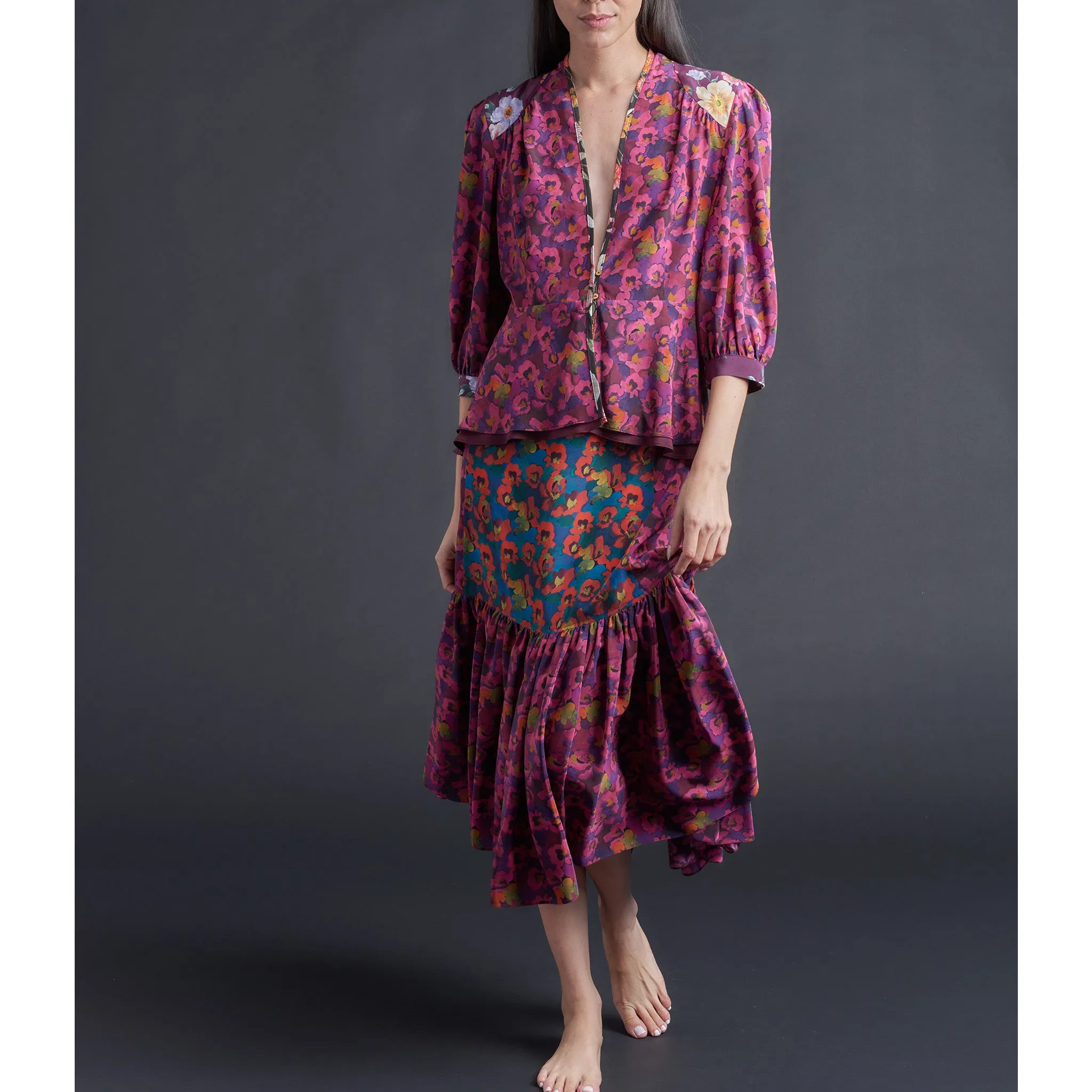 Brigitte Ruffle Skirt in Liberty Print Gemma Rose Silk Crepe de Chine