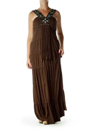 Brown Blue Beaded Braided Maxi Dress